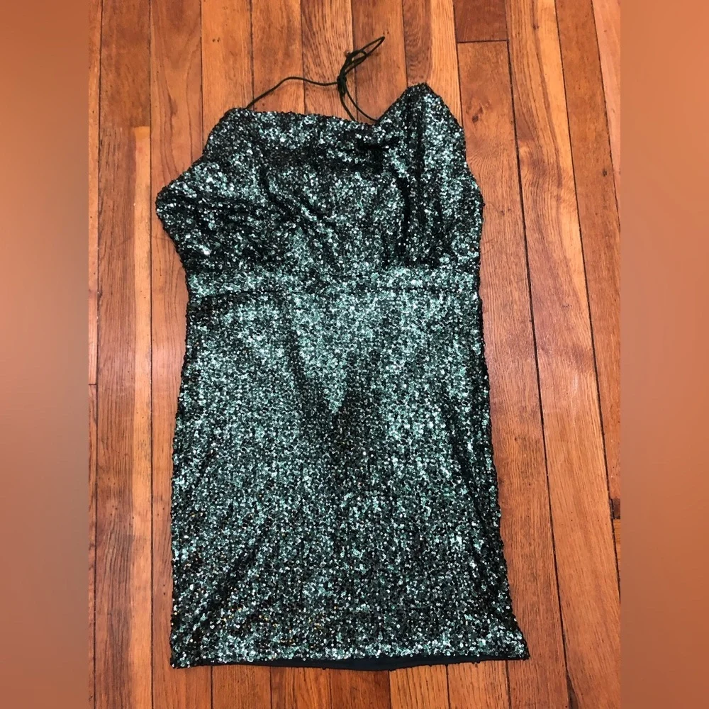 Fashion Nova Emerald Sequin Cowl Neck Mini Dress-NWT